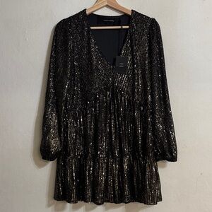 Codexmode Sequin Long Sleeve Babydoll Dress in Black Size S NWT